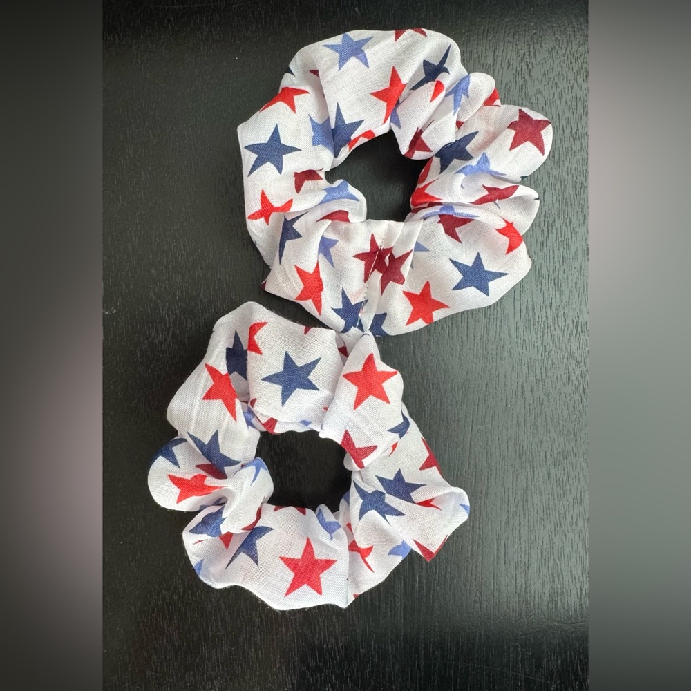 Set of 2 Festive Red and Blue Hair Scrunchies with Star Pattern